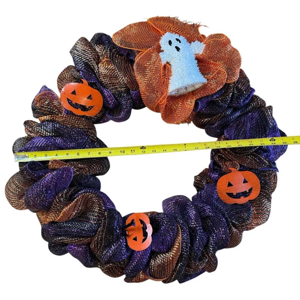 Ghost & Pumpkins Vibrant Purple & Orange Halloween Deco Mesh Wreath – 25″
